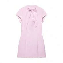 Vestido corto elegante de estilo minimalista con lazo y lunares, de moda europea y americana, para mujer, de la nueva colección primavera/verano de DEEKA para vacaciones - Rosa - Ver 1