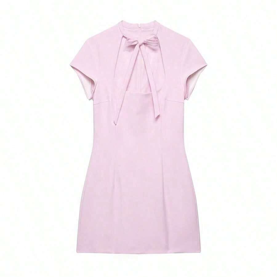 Vestido corto elegante de estilo minimalista con lazo y lunares, de moda europea y americana, para mujer, de la nueva colección primavera/verano de DEEKA para vacaciones - Rosa - Ver 1