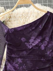 Body de manga larga con hombros transparentes y estampado de leopardo para mujer - Morado - Ver 5