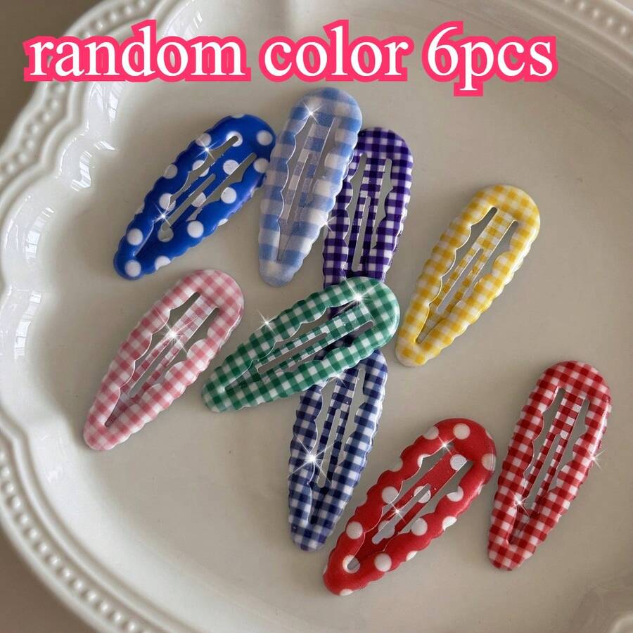 6pcs/Set Random Wavy Plaid Hair Clips, Y2K Polka Dot Hair Clips, Suitable For Bangs, Fashion Versatile, Great Daily Use Gift,Hair Claws,Bobby Pin - Multicolor - View 1