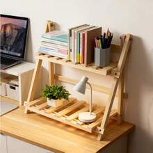 1 pieza Organizador de escritorio plegable de madera hecho a mano, estilo minimalista, estantería de exhibición de sobremesa en forma de trapecio, soporte de planta de doble capa con barra transversal, adecuado para dormitorio, tocador, balcón, estudio, dormitorio, cafetería, cocina - No se requiere montaje - Almacenamiento de doble capa - Ver 11