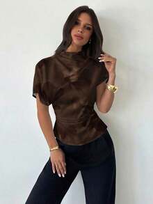 Blusa ajustada de estampado animal minimalista y casual con cuello fruncido, manga asimétrica y cintura fruncida, para mujer, para todas las estaciones - Blanco 3 - Ver 8