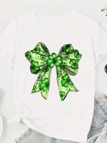 Black T-Shirt With Green Bow And Shamrock Print For Easter And St. Patrick's Day - 白色 - 查看 4