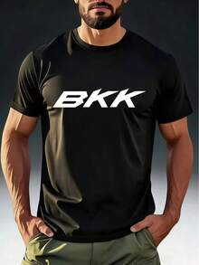 Sports T-Shirt, Round Neck Short Sleeve, Functional Competitive Style, BKK White Italic Letter Print Large Size, Casual Sports Top, New 2026 Model/Outdoor Hardcore/Minimalist Aesthetics/Sports Fashion, Fishing Enthusiast/Fashionable Young - 黑色 - 查看 1