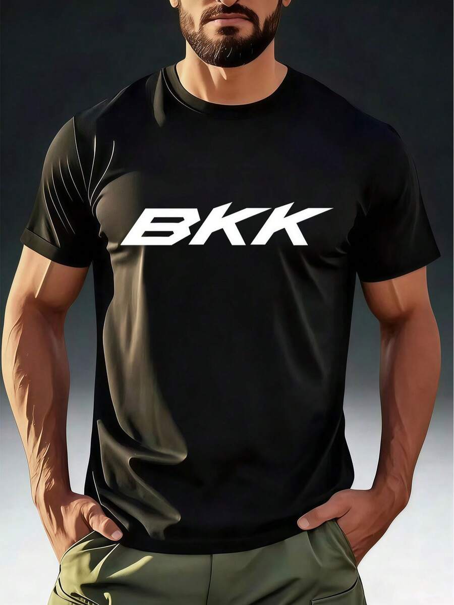 Sports T-Shirt, Round Neck Short Sleeve, Functional Competitive Style, BKK White Italic Letter Print Large Size, Casual Sports Top, New 2026 Model/Outdoor Hardcore/Minimalist Aesthetics/Sports Fashion, Fishing Enthusiast/Fashionable Young - 黑色 - 查看 1
