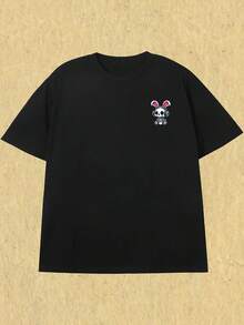 Short-Sleeved T-Shirt With Skull Print, Rabbit Ears And Headphones On The Left Side Of The Chest, Simple Casual Short-Sleeved T-Shirt With Round Neck, Vintage Style For All Seasons, Black, Mixed, Sizes S-XXL. - 黑色 - 查看 1