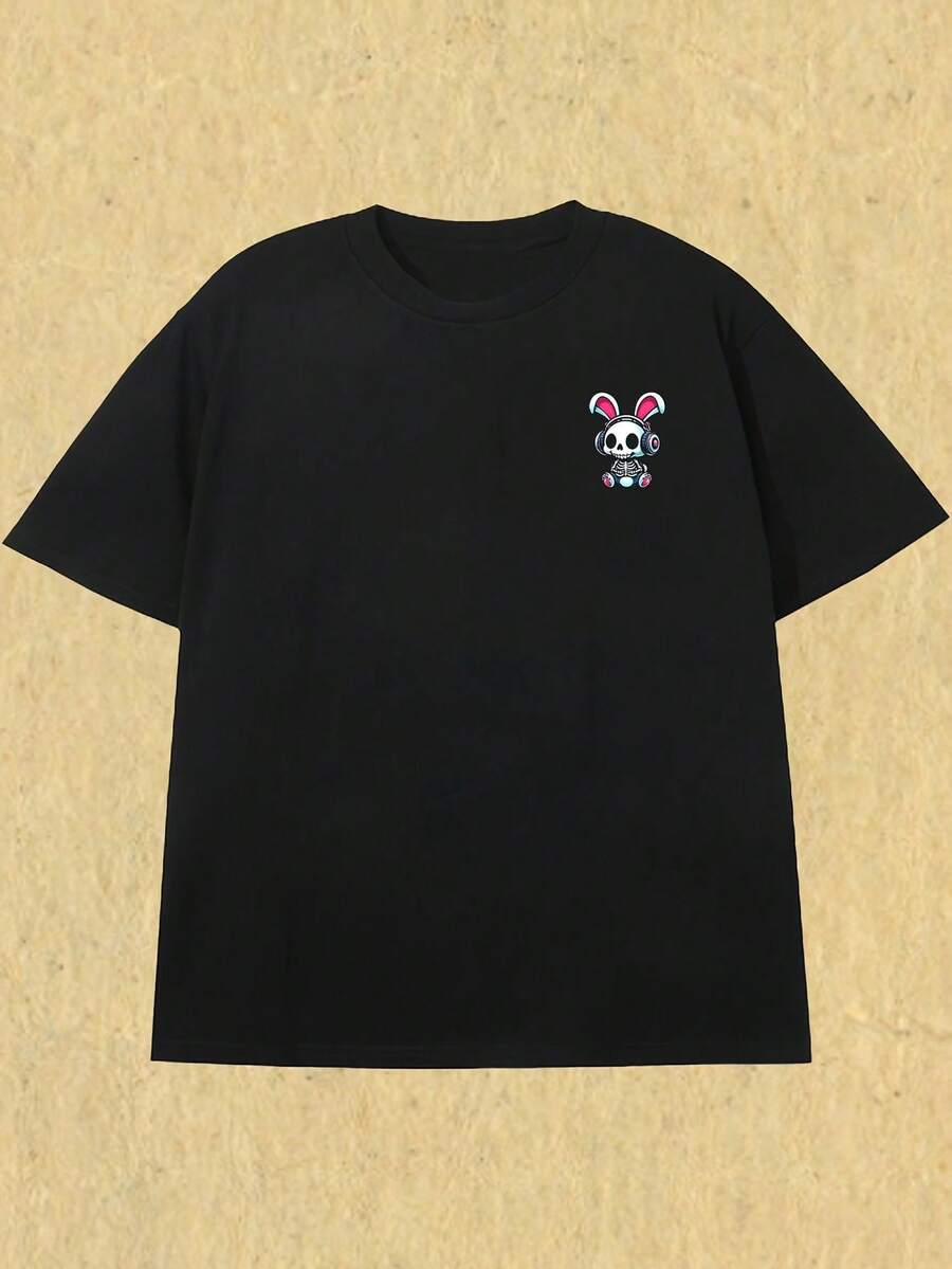 Short-Sleeved T-Shirt With Skull Print, Rabbit Ears And Headphones On The Left Side Of The Chest, Simple Casual Short-Sleeved T-Shirt With Round Neck, Vintage Style For All Seasons, Black, Mixed, Sizes S-XXL. - 黑色 - 查看 1