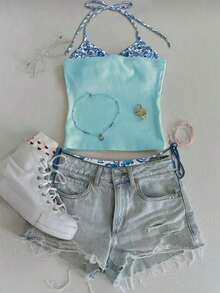 Top halter con estampado de frutas, diseño sin espalda, estilo casual de vacaciones, chaleco de 2 en 1 con bloques de color, adecuado para fiestas, citas, playas, carnavales y otras ocasiones, la elección perfecta para el verano.Top de playa, ro - Multicolor 15 - Ver 3