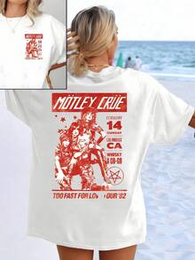 Graphic With A Rebellious Spirit That Evokes The Energy Of A Legendary Concert With Intense Red Tones, Vintage Typography And Symbols That Convey Strength And Freedom. Women's Double-Sided Printed T-Shirt, Casual And Modern. - 白色 - 查看 1