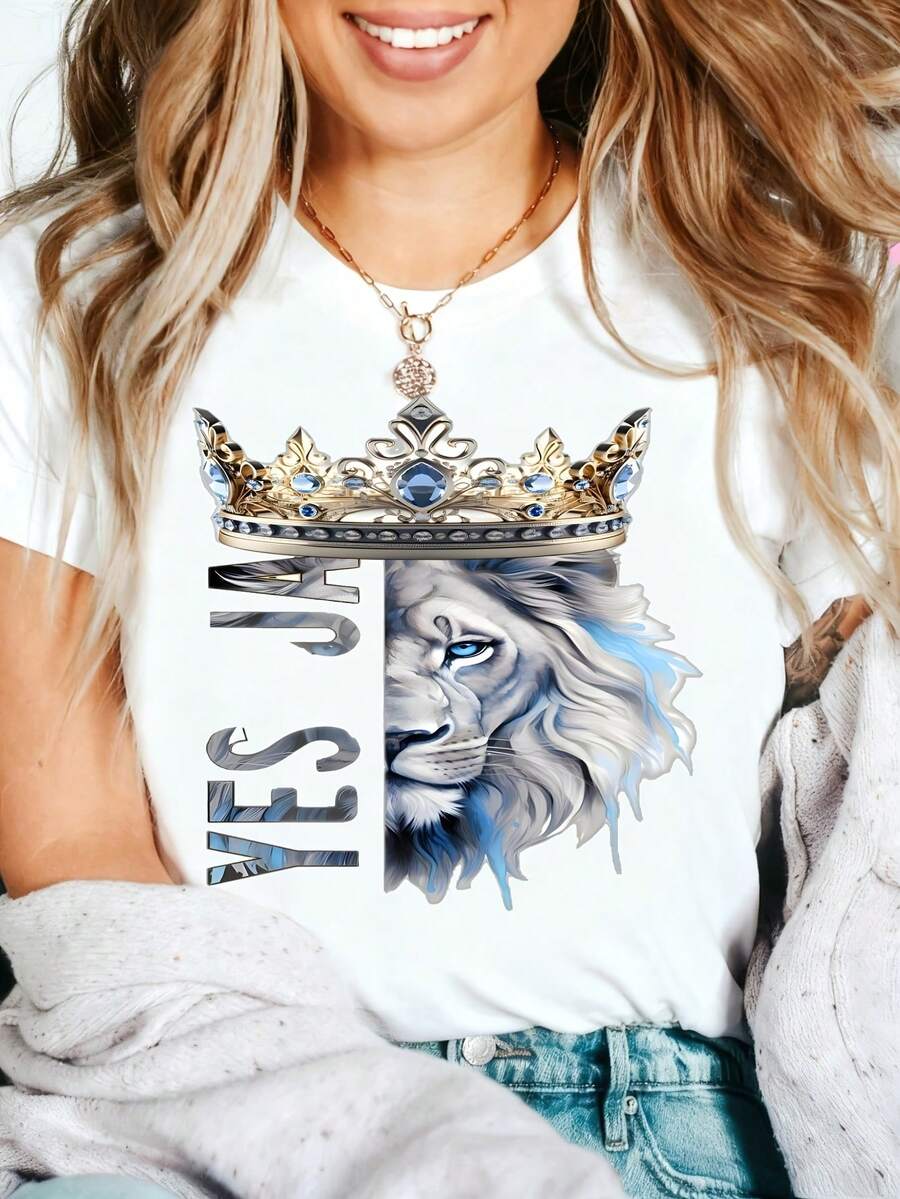 Lion King Crown Graphic T-Shirt, 100% Cotton Oversized Soft Breathable Casual Crewneck Short Sleeve Top, Edgy Streetwear Style Tee for Women & Animal Lovers