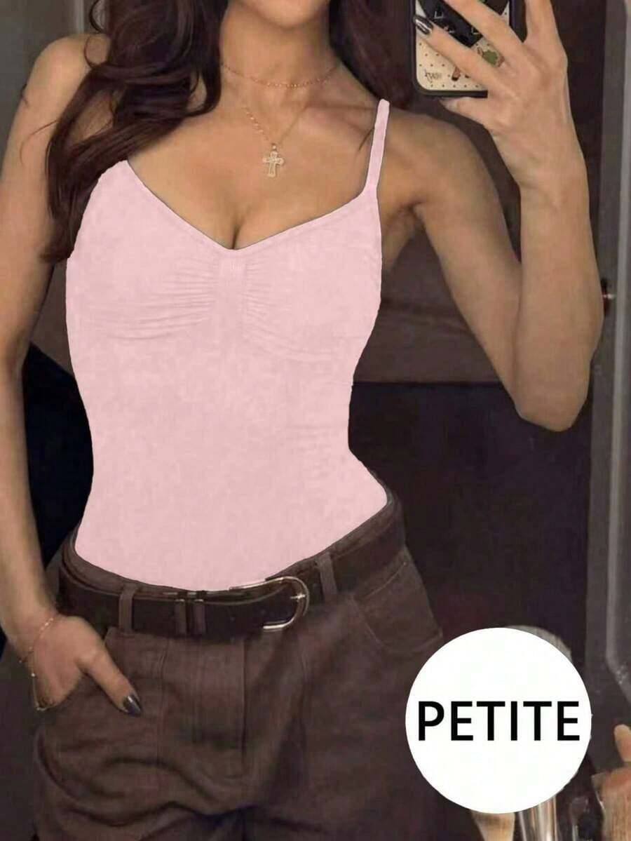 Mono de verano de unicolor minimalista y elegante con pliegues para mujer de talla pequeña - Rosa Pálido - Ver 1