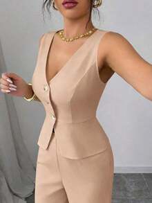 Conjunto de camiseta sin mangas y pantalones elegante para mujer, estilo de oficina y transporte, atuendo de otoño para maestros - Caqui - Ver 5