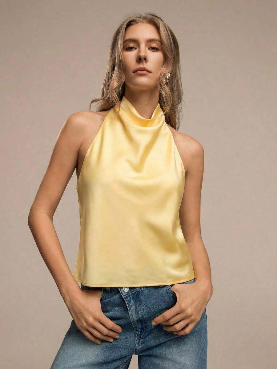 Vestido de fiesta sexy con espalda descubierta de unicolor para mujer, top hombros descubiertos - Amarillo - Ver 1