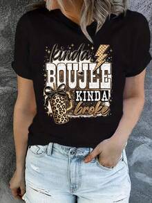 Women's Short-Sleeved T-Shirt With A Round Neck And Fun Print, Lightweight And Luxurious Style, Simple, For Parties And Holidays, Animal And Letter Print, Breathable, Vintage, Casual, Elegant Style, Cartoon Letters, Perfect Choice, Round Neck T-Shirt, Versatile Top, Everyday Comfort. - 黑色 - 查看 7