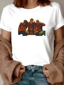 Three Seated Figures Celebrating Victory With An Illuminated Trophy Convey Unity, Friendship, And Sporting Pride, Reflecting The Emotion Of Triumph. A Modern, Comfortable Women's T-Shirt For Casual And Everyday Wear. - 白色 - 查看 8