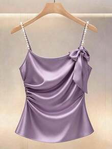 Nueva blusa de verano para mujer, top de camisola de perlas burdeos, top elegante de fiesta burdeos, top de playa burdeos, top de cami para bodas y eventos burdeos, top casual burdeos, top de cami brillante burdeos. - Lila Púrpura - Ver 1