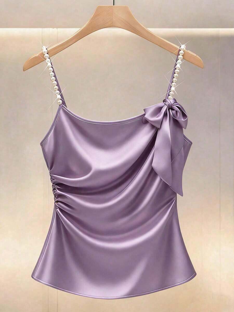 Nueva blusa de verano para mujer, top de camisola de perlas burdeos, top elegante de fiesta burdeos, top de playa burdeos, top de cami para bodas y eventos burdeos, top casual burdeos, top de cami brillante burdeos. - Lila Púrpura - Ver 1