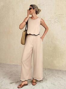 Conjunto de 2 piezas de top de tirantes y pantalones de moda casual de vacaciones para mujer - Albaricoque - Ver 8