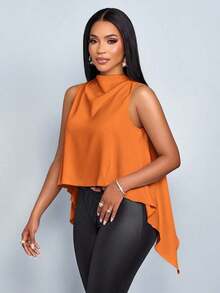 Blusa sin mangas de unicolor elegante con dobladillo asimétrico para mujer, ideal para vacaciones de primavera y verano - Óxido marrón - Ver 3