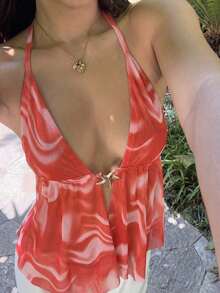 Camiseta de tirantes sexy con efecto cross y espalda descubierta, cuello Halter con teñido anudado para mujer - Rojo y blanco - Ver 7
