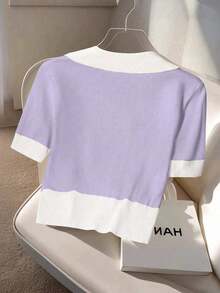 DSDHJK Nuevo Top de Punto con Cuello Polo para Mujer, Estilo Coreano de Verano, Casual y Versátil para Negocios - Morado - Ver 2