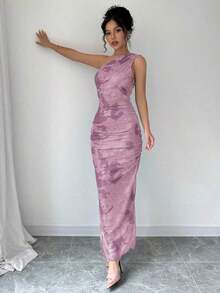 Vestido de noche de lujo para mujer, vestido sexy sin mangas con cuello asimétrico y estampado de teñido anudado - Púrpura malva - Ver 5