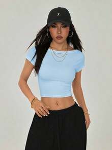Camiseta negra con espalda abierta, adecuada para talla pequeña, para verano - Azul - Ver 7