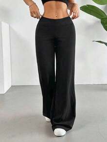 s de pierna ancha de unicolor versátil y casual para primavera - Negro - Ver 3