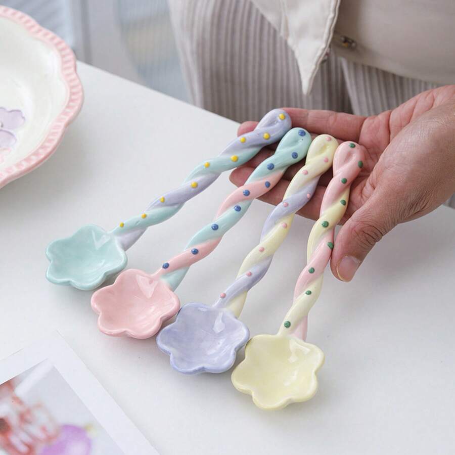 Ceramic Long-Handled Spoon For Home Use, High Aesthetic Value, Cute Ins-Style Stirring Spoon, Coffee Spoon, Girly Spoon, Suitable For Graduation Gifts, Daily Use, And Holiday Presents. - Pink Dotted Twist Spoon - View 1