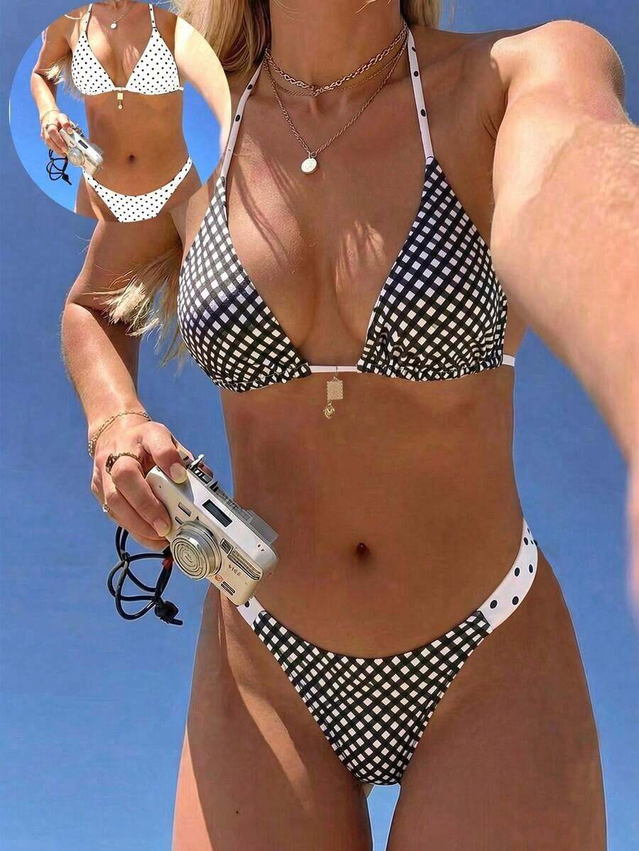 Conjunto de bikini reversible con estampado de lunares en contraste, con escote halter y nudo en la espalda, de estilo dulce y sexy, para vacaciones en la playa - Blanco y Negro 2 - Ver 1