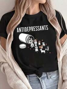 Under The Radar - Women's Casual Short Sleeve T-Shirt, Crew Neck, Drop Shoulders, Anti-Depression Dog Print, Black - Vintage Urban Style, Unisex, Loose Fit, Cotton, Short Sleeve, Crew Neck - 黑色 - 查看 7