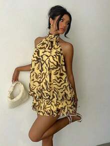 Vestido mini elegante de mujer con estampado de lunares y escote halter sin espalda - Multicolor - Ver 3