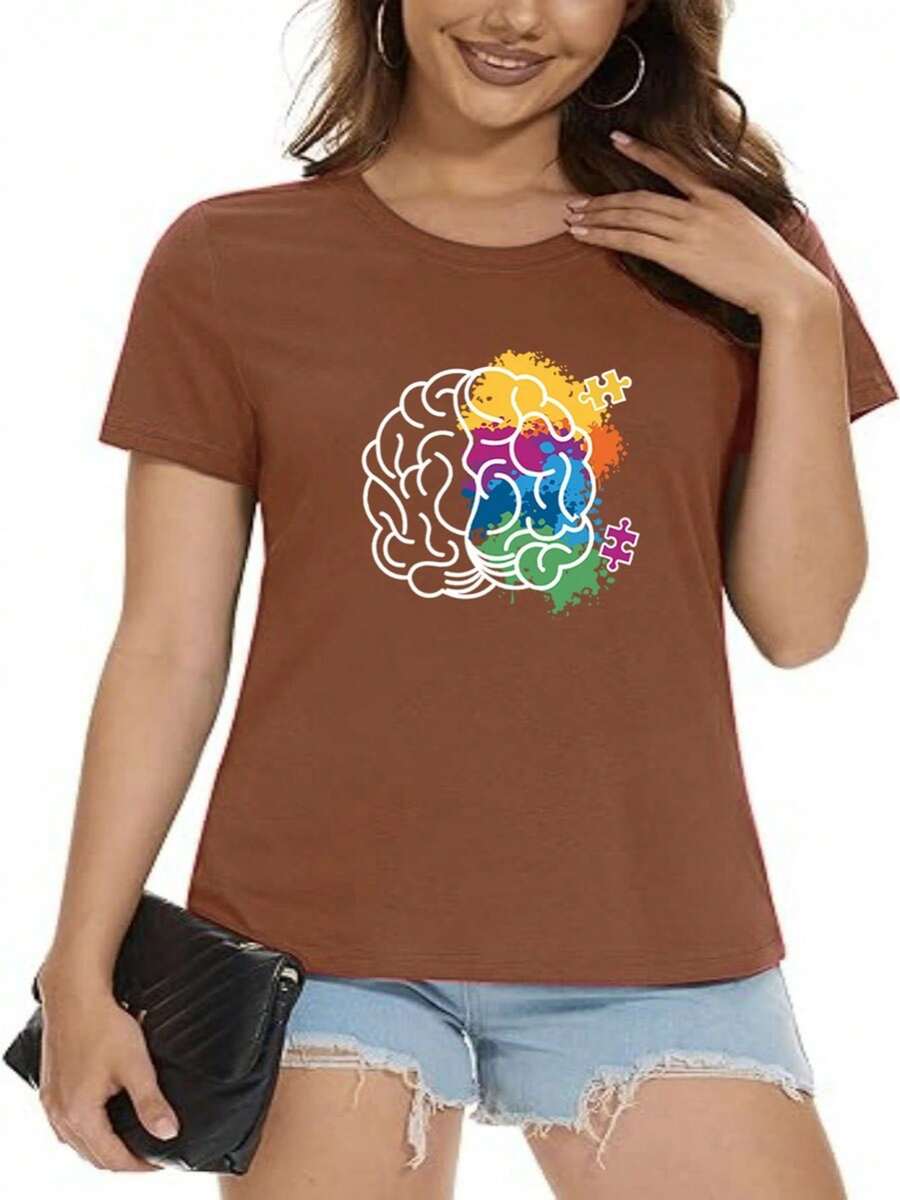 Camiseta de manga corta con cuello redondo suelto impresa de rompecabezas para mujeres de verano de primavera - Marron oscuro - Ver 1