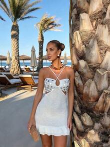 Nuevo vestido de verano y primavera para mujer de cuello redondo de punto con lentejuelas, cruzado, halter, espalda descubierta, con cordones y volantes en el bajo, en estilo sexy y caliente, color blanco - Blanco - Ver 10