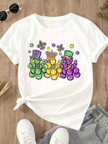 1 Piece Mardi Gras Party T-Shirt With Festive King And Cake Design, Purple, Green And Gold Colors, Fleur-De-Lis And Crown Print, For Women, Men, Unisex, Casual Wear, 180g 100% Cotton. - 白色 - 查看 4