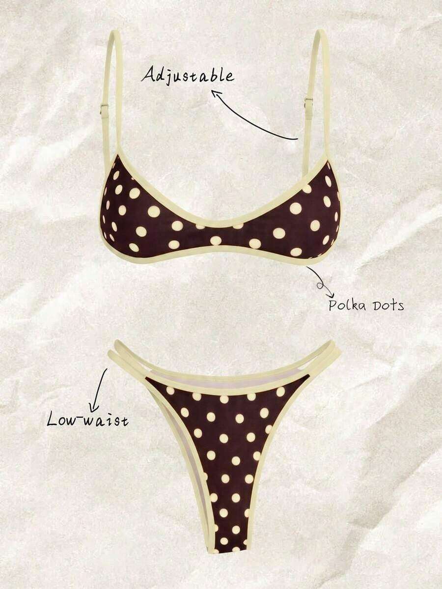 Set de 2 piezas Bikini de tirantes finos con estampado aleatorio para mujer, verano - Multicolor 2 - Ver 1