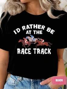 Women's Short-Sleeved T-Shirt With A Round Neck And Horse Racing Graphic Print, Perfect For Horse Racing Events And Turf Fans. Comfortable Fabric, Suitable For Gifting. 220 Grams - 黑色 - 查看 5