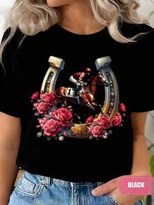 Women's Short-Sleeved T-Shirt With A Horse Racing Print, Horseshoe, And Roses. Features A Round Neck, Perfect For Casual Wear, And Makes A Great Gift For Horse Lovers. Comfortable Fabric, 220g - 黑色 - 查看 5