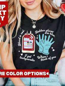 Valentine's Day Gift For Nurses, Valentine's Day Gift For Nurses, Valentine's Day Hoodies For Nurses, Gift For Nurses, Cute Valentine's Day T-Shirt For Nurses, Women's New Year 2026 Set, 100% Cotton Short Sleeve T-Shirt, Classic Style, Graphic Print, Casual Short Sleeve Top For Women - 黑 - 查看 7