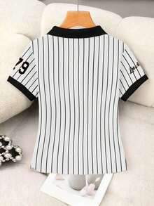 Blusa casual de mujer con cuello polo a rayas y manga corta - Blanco y Negro 3 - Ver 2