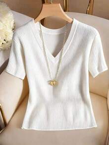Camiseta de mujer elegante y casual de cuello en V y manga corta - Blanco - Ver 5