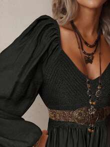 Vestido bohemio de estilo mini con cuello en V, hueco, de ganchillo, parches, manga larga, cintura elástica y bajo suelto, en color albaricoque, para mujer, para otoño/invierno - Albaricoque - Ver 10