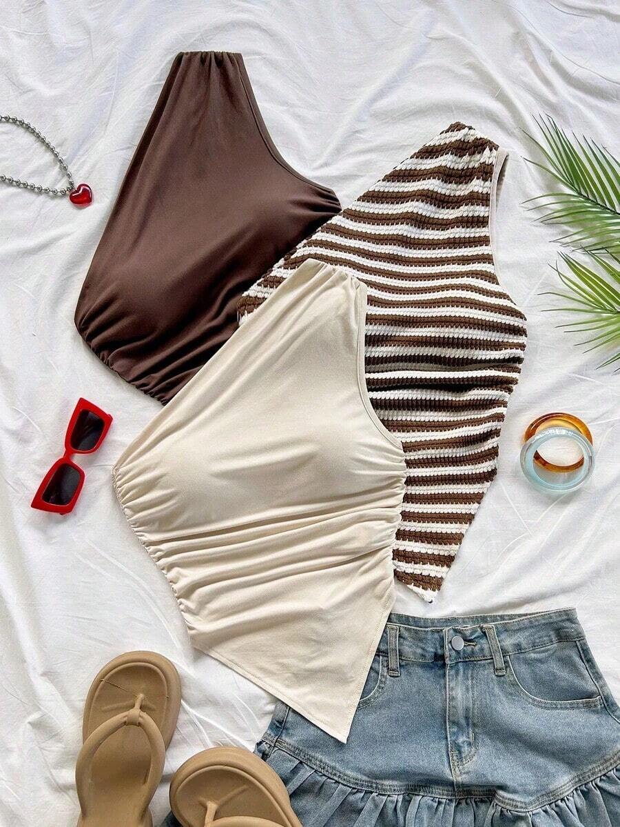 3 piezas Conjunto informal de verano de 2 piezas para mujer con parte superior de hombro asimétrico y bajo asimétrico, adecuado para volver al colegio, té de la tarde, casual, invitada a boda en la playa, brunch de graduación, Día de San Patricio, - Multicolor 7 - Ver 1