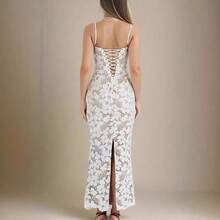 Vestido Largo Blanco Elegante, Escote Bandeau con Lazos, Encaje Sensual Corte Ajustado para Noche - Blanco - Ver 2