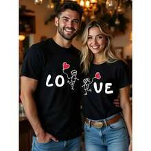 Camisetas a juego para parejas con estampado geométrico irregular de dibujos animados con la palabra LOVE, 100% algodón, suaves, transpirables, de corte regular, cuello redondo, manga corta, para primavera y verano, uso diario, citas románticas, regalos románticos, lavables a máquina, tallas S-3XL. - Negro - Ver 8