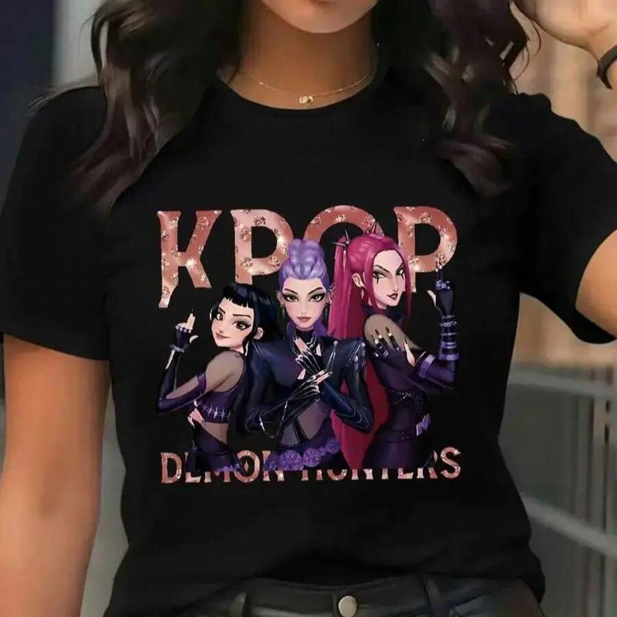 HUNTRIX Camiseta unisex de algodón - Estampado de chicas , cuello redondo manga corta, ropa casual ideal para fans de , regalo creativo - Negro - Ver 1