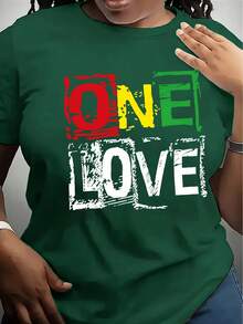 Camiseta con estampado "One Love", Top casual de manga corta y cuello redondo para verano y primavera, ropa de mujer - Negro - Ver 7