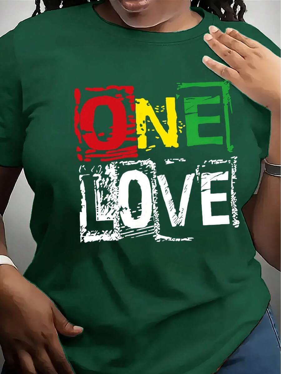 Camiseta con estampado "One Love", Top casual de manga corta y cuello redondo para verano y primavera, ropa de mujer - Verde - Ver 1