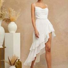 Women's Floral Print Ruffle Trim Asymmetric Hem Elegant Camisole Dress - Blanco - Ver 1