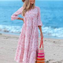 Casual Floral Pattern V-Neck Long Sleeve Pleated Dress For Women, Suitable For Autumn Blue And White Floral Dress Chic Dress,Vacation - Beis - Ver 11